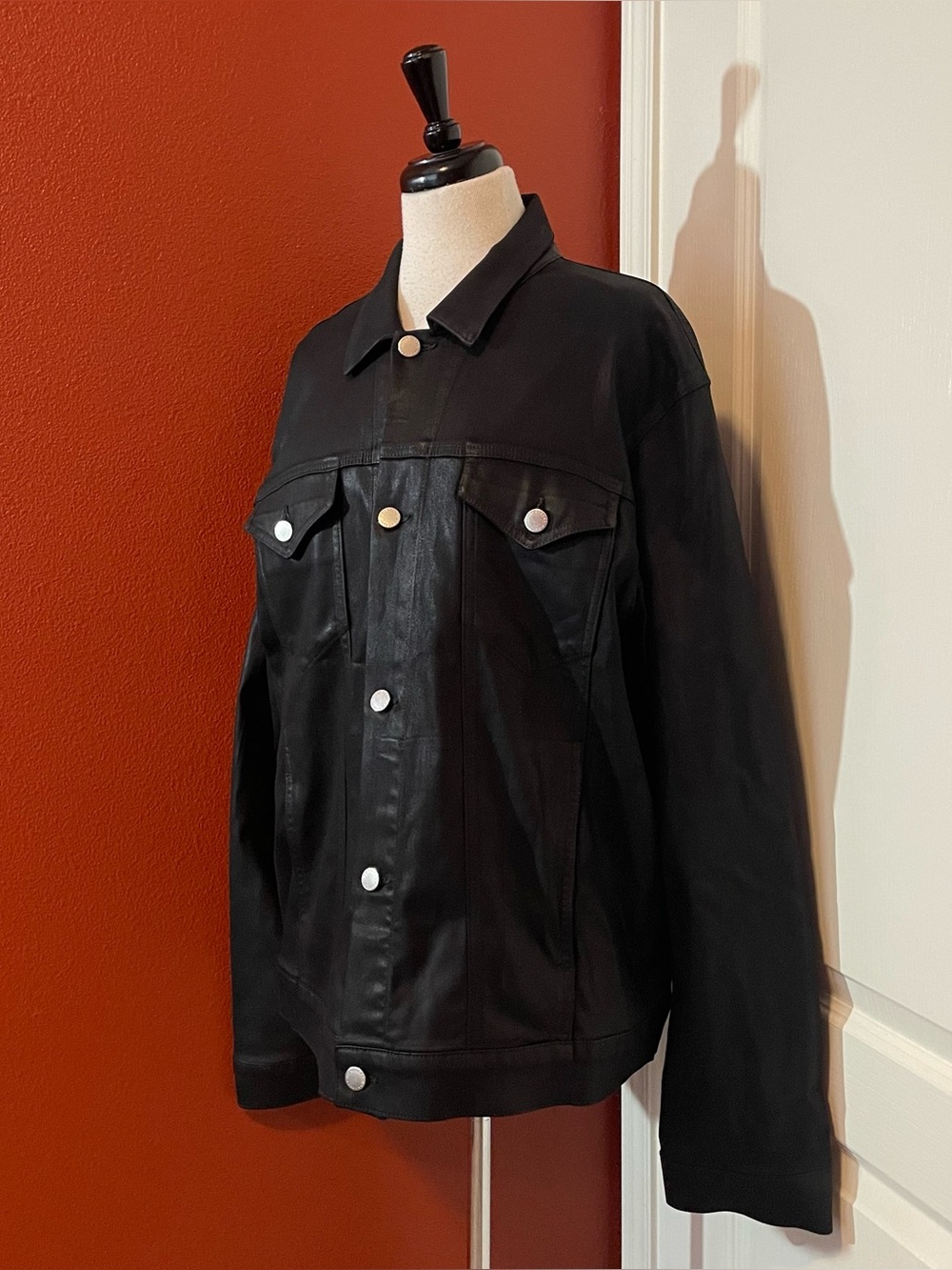 Monfrere Men’s Dean Coated Noir Black Japanese Denim Button Front Trucker Jacket